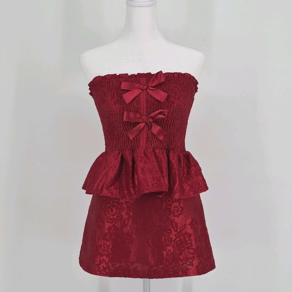 Altar d State Janelle Strapless Top & Skort Set Red Lace Bow Peplum Mini